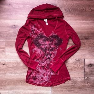 y2k red bedazzled long-sleeved shirt